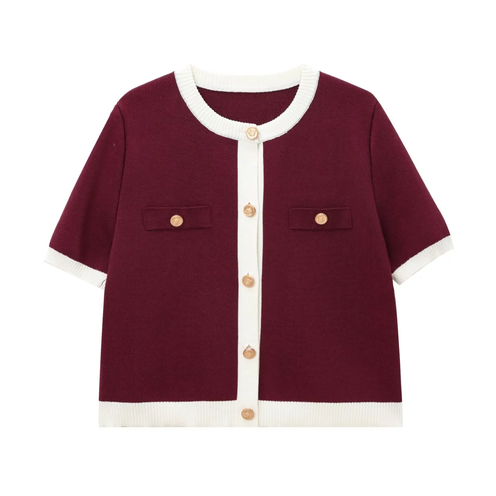 thumbnail image 1 of HH TRAF Otoño Mujer Elegante Suéter Tops 4-color Cuello redondo Manga corta Bolsillo Un Solo Pecho Mujer Casual Tejido Abrigo Mujer, 1 of 5
