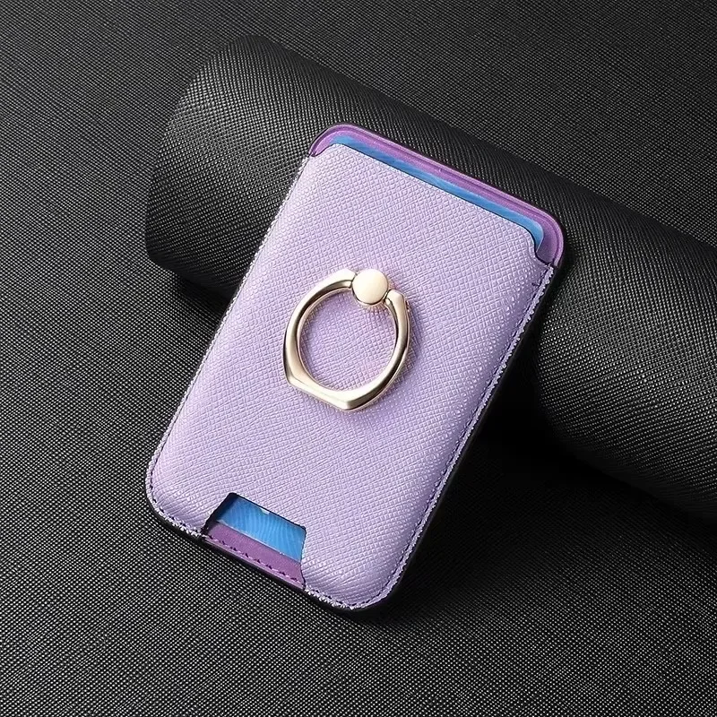 Leather Magnetic Card Holder Wallet with Finger Ring Stand