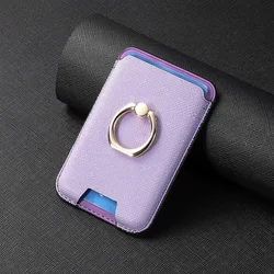 Leather Magnetic Card Holder Wallet with Finger Ring Stand (Purple)