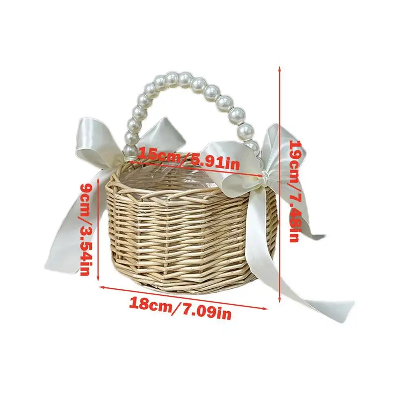 Wicker Rattan Flower Child Basket with Pearl Handle and Bowknot Hand Woven Flower Basket Wicker Basket for Wedding Party 6