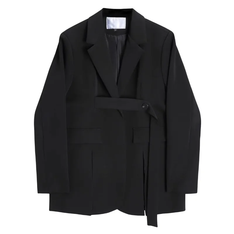 

Spring Autumn Women Chic Bandage Black Blazers Coats Loose Casual Notched Collar Long Sleeve Female Suit Jacket Chaqueta Mujer
