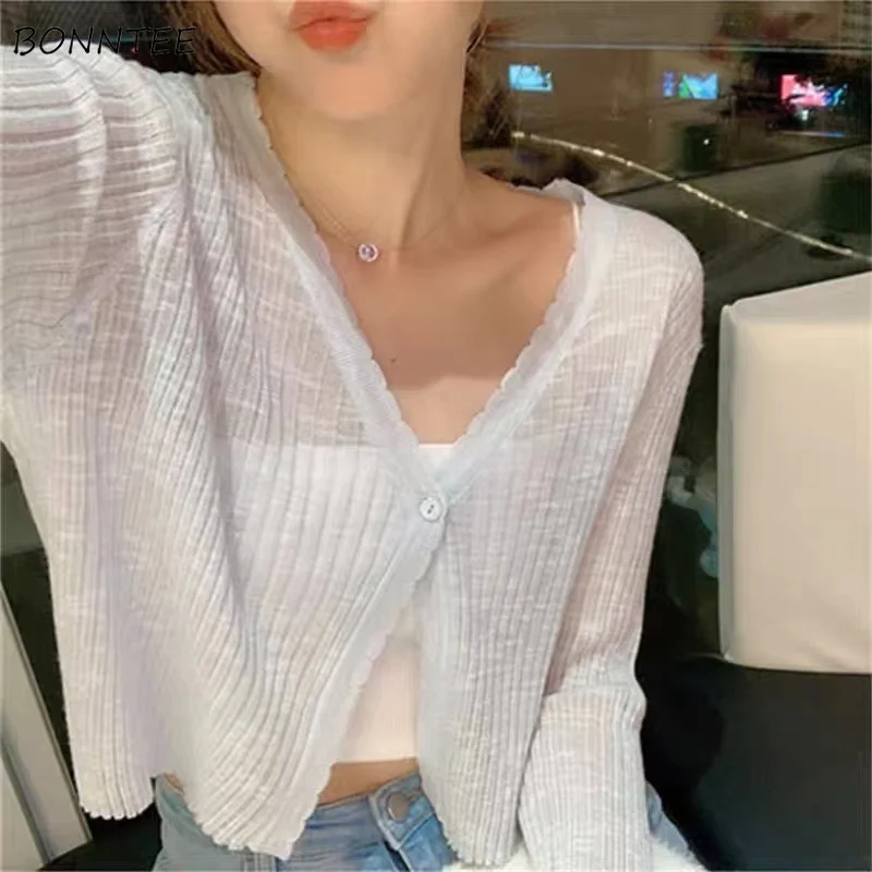

Summer Knitted Cropped Cardigan Women Thin Clothing Mujer Sun-proof All-match Long Sleeve Solid Various Colors Sweaters Ulzzang