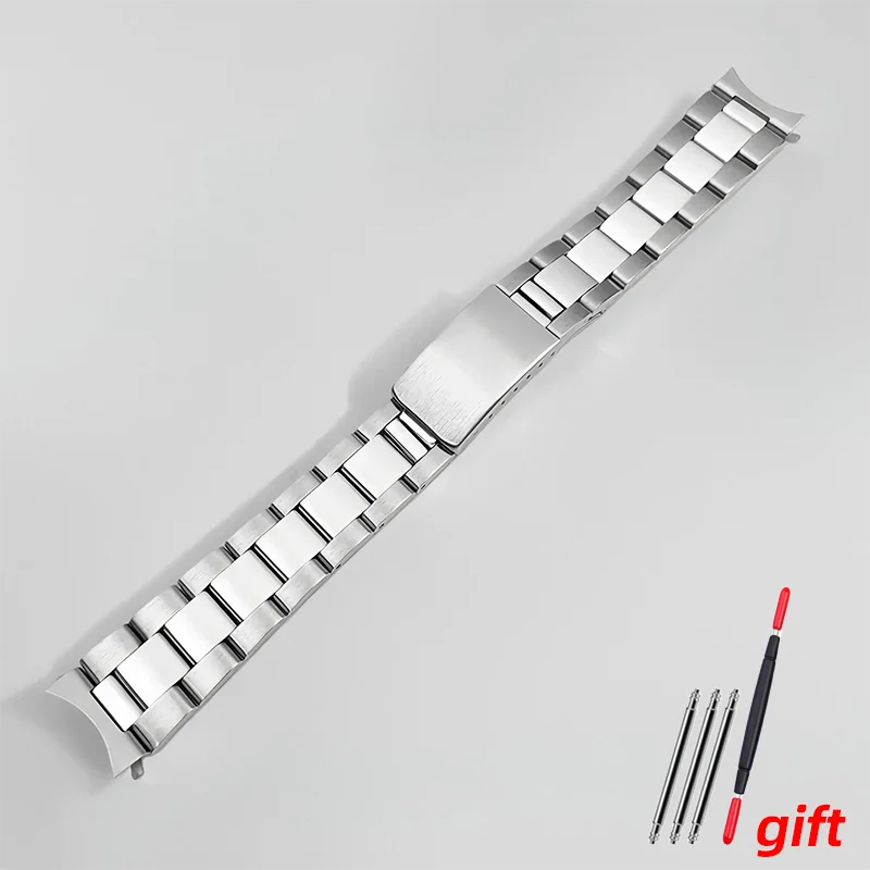 Silver Polished 19mm Hollow Curved End Oyster Style Watch Band Bracelet