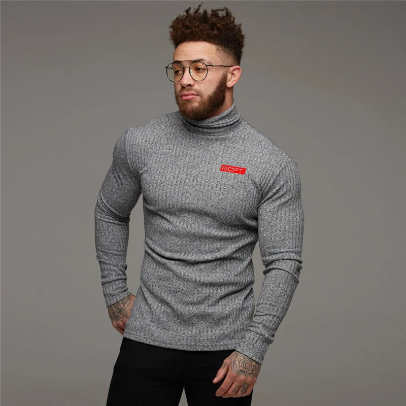 

Spring Autumn Fashion Men Long Sleeve Knitted T-Shirt Gym Fitness Workout Muscle Slim Strips High Neck Running Sport Sportswear