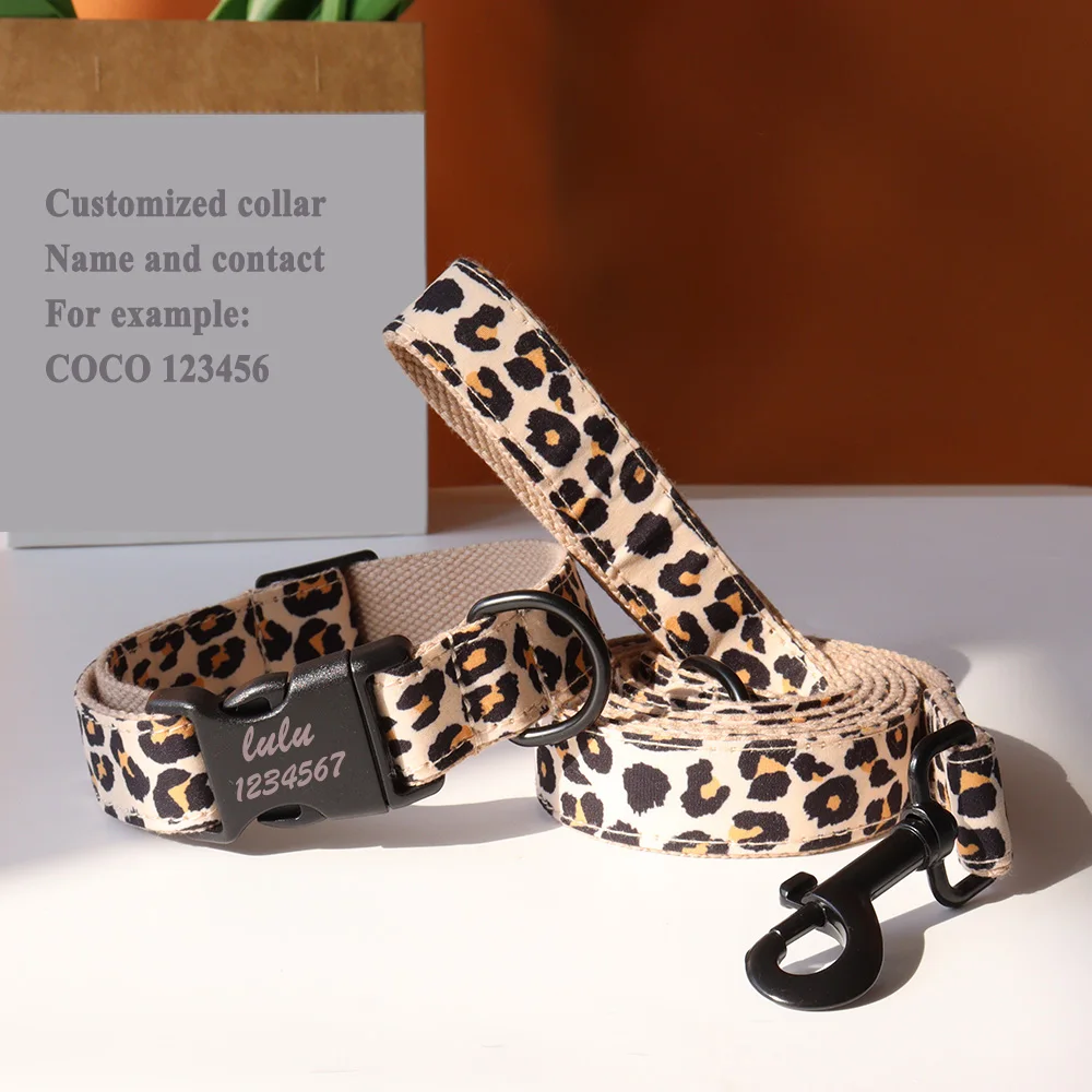 Luxury Leopard Print Camouflage Dog Collar Personalized Pet Collar Nylon Dog Free Engraved ID Set Adjustable for Dogs dog collar