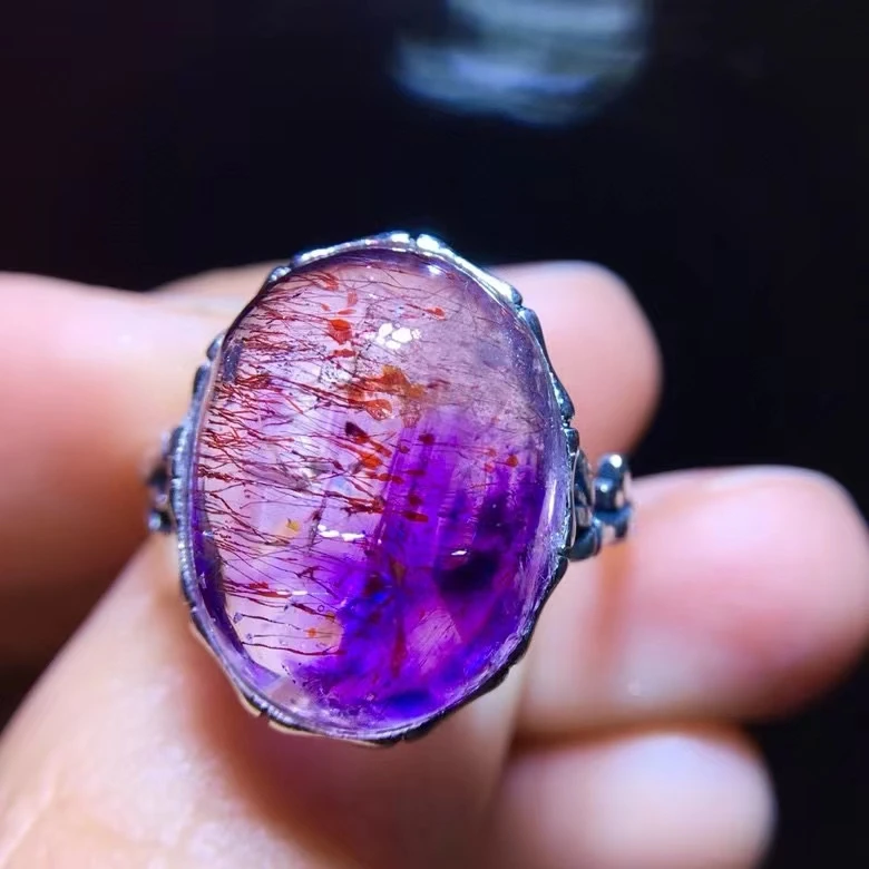 

Natural Purple Super Seven 7 Red Lepidocrocite Quartz Adjustable Ring 17.5/12.8mm Oval Rutilated Women Men Jewelry AAAAAA