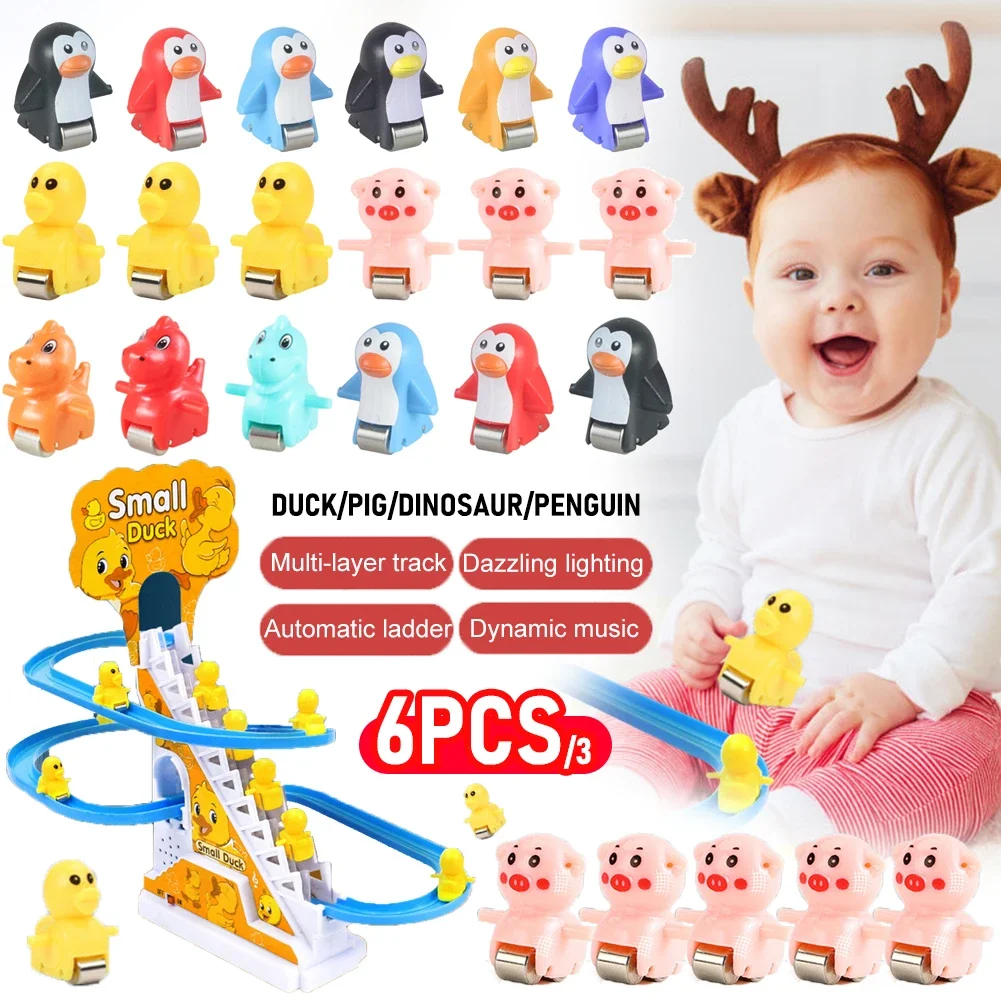 3/6pcs Rennwagen Zug Spielzeug Sets Ente/Schwein/Dinosaurier/Pinguin Treppen steigen Spielzeug Achterbahn Spielzeug 3 Jahre Kinder für Rutsche Klettern – Detail 1