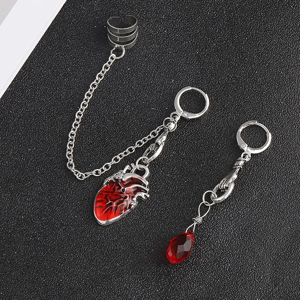Beating Heart Huggie Earrings Gothic Punk Scary Red Bleeding Heart Asymmetrical Ear Cuffs Clips Hoop Earrings for Halloween Party hoop earrings