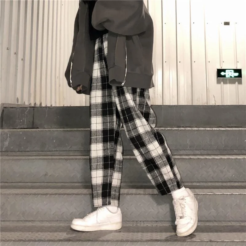 

Harajuku Plaid Pants For Women Trousers Streetwear Woman Harem Pants Casual Pants Loose High Waist Straight Loose Pantalones