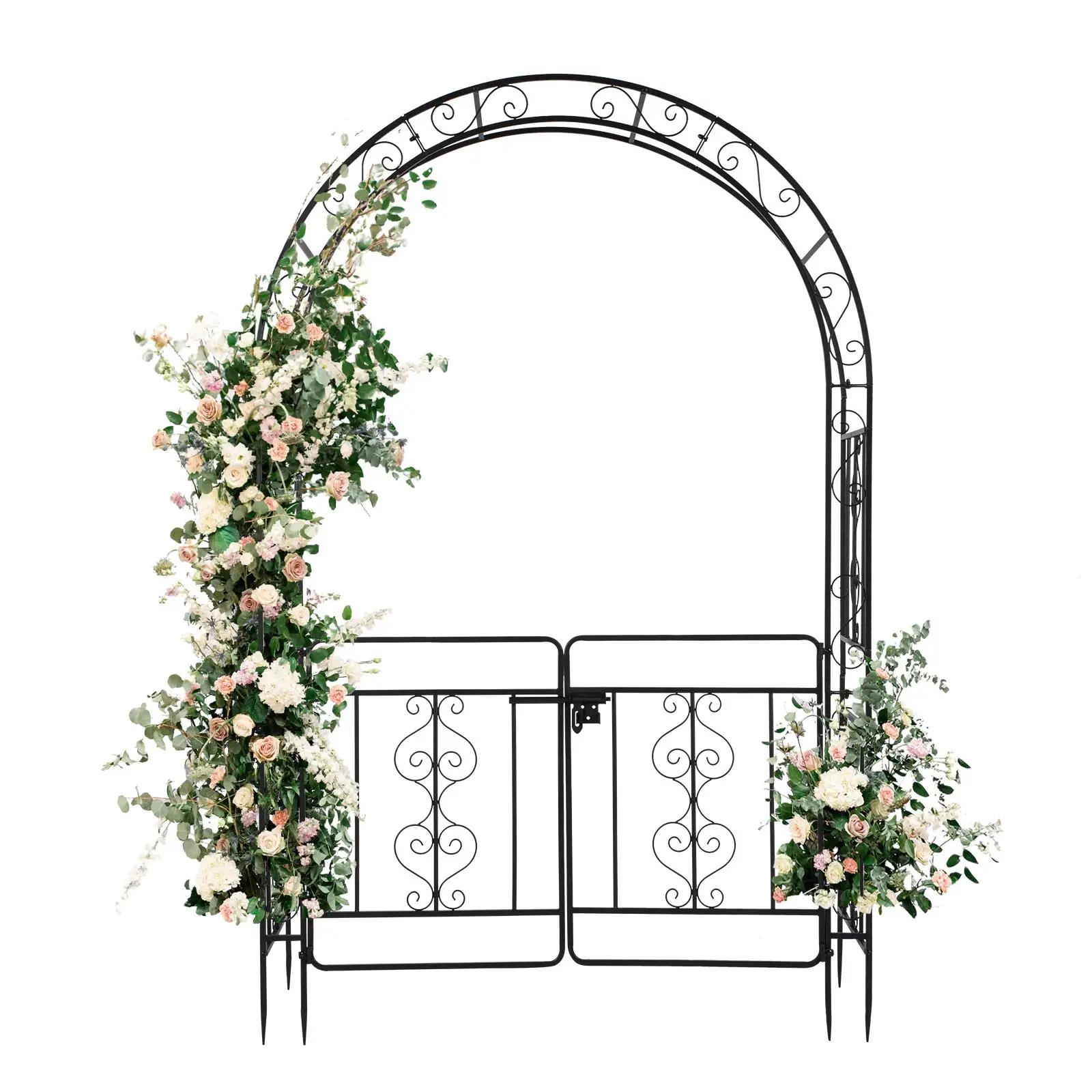 Arc Roof Double Layer Wrought Iron Arch with Door - 134.5x58.5x213cm Black Outdoor Courtyard Shelter 4