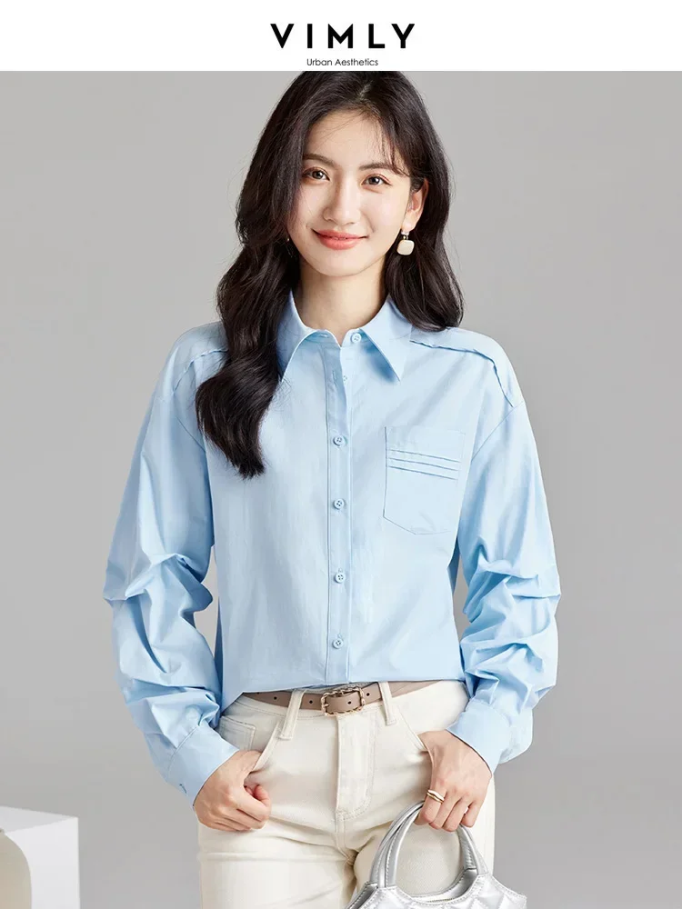 

Vimly 2023 Autumn Pleated Long Sleeve Shirts for Women Fashion Loose Lapel Lyocell Cotton Blend Tops Casual Shirts and Blouses