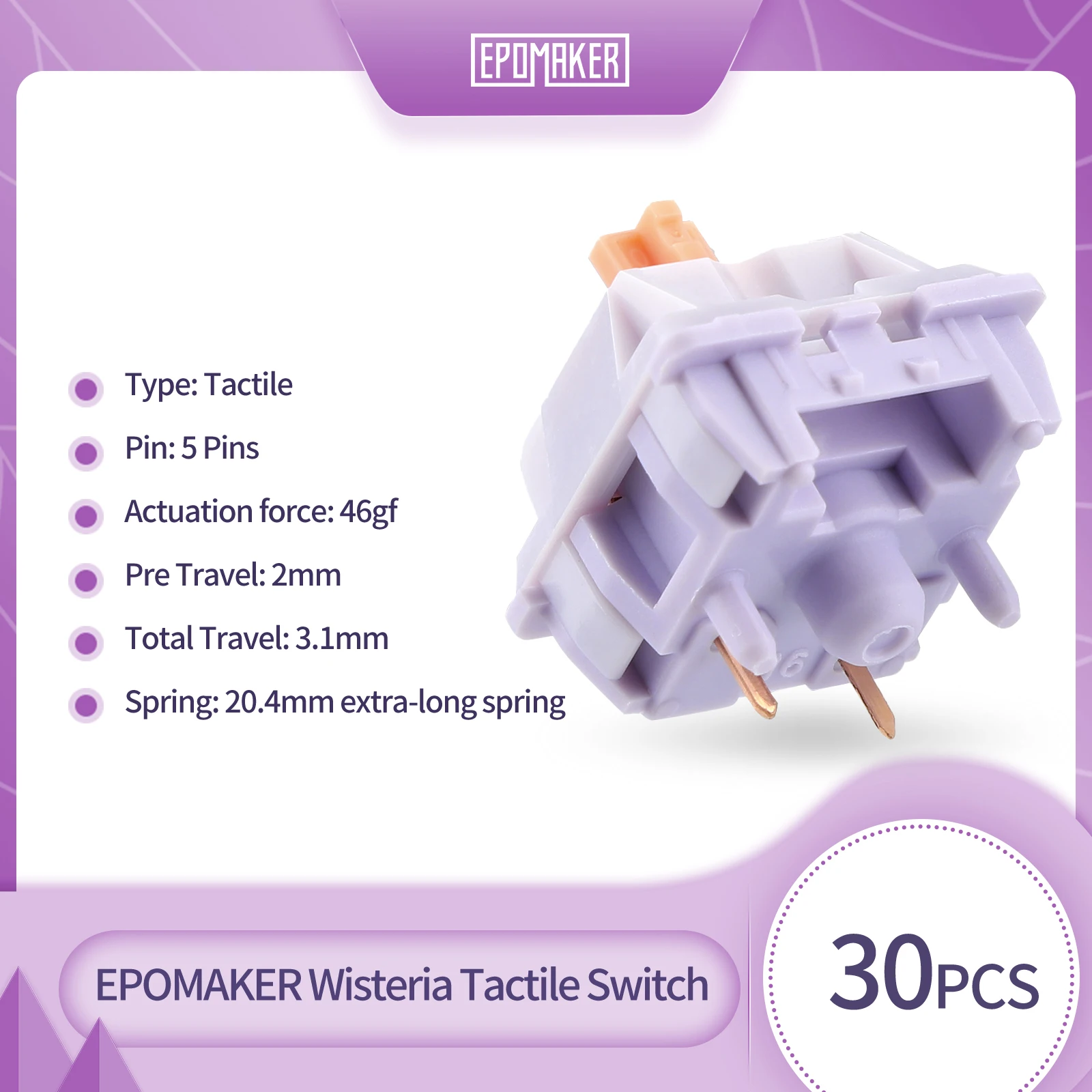 Epomaker Wisteria Conjunto de Interruptores Lineares e Táteis 5pin Teclado Mecânico Hot Swappable 30 Pcs - Imagem 4