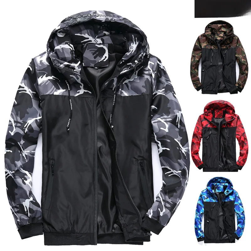 Camouflage men's jacket, work clothes, hood, color matching new youthful shrimp skin_mkmklike.com