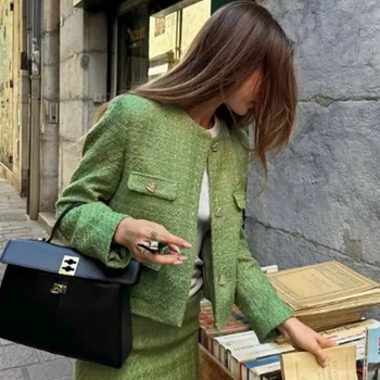 여성용 트위드 재킷 스커트 정장, O-넥 긴팔 단추 코트, 우아한 2 피스 세트, 여성 시스 미니 스커트 복장, 2023 가을 상품 이미지