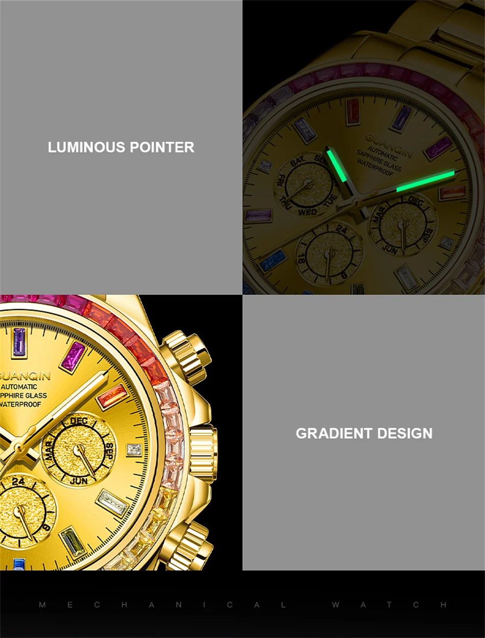 GUANQIN Woche Monat Luxus Herrenuhr Wasserdicht Automatik Selbstaufzug Mechanisch Regenbogen Diamant Kreis Design Saphir Stahl Uhr_voghion.com