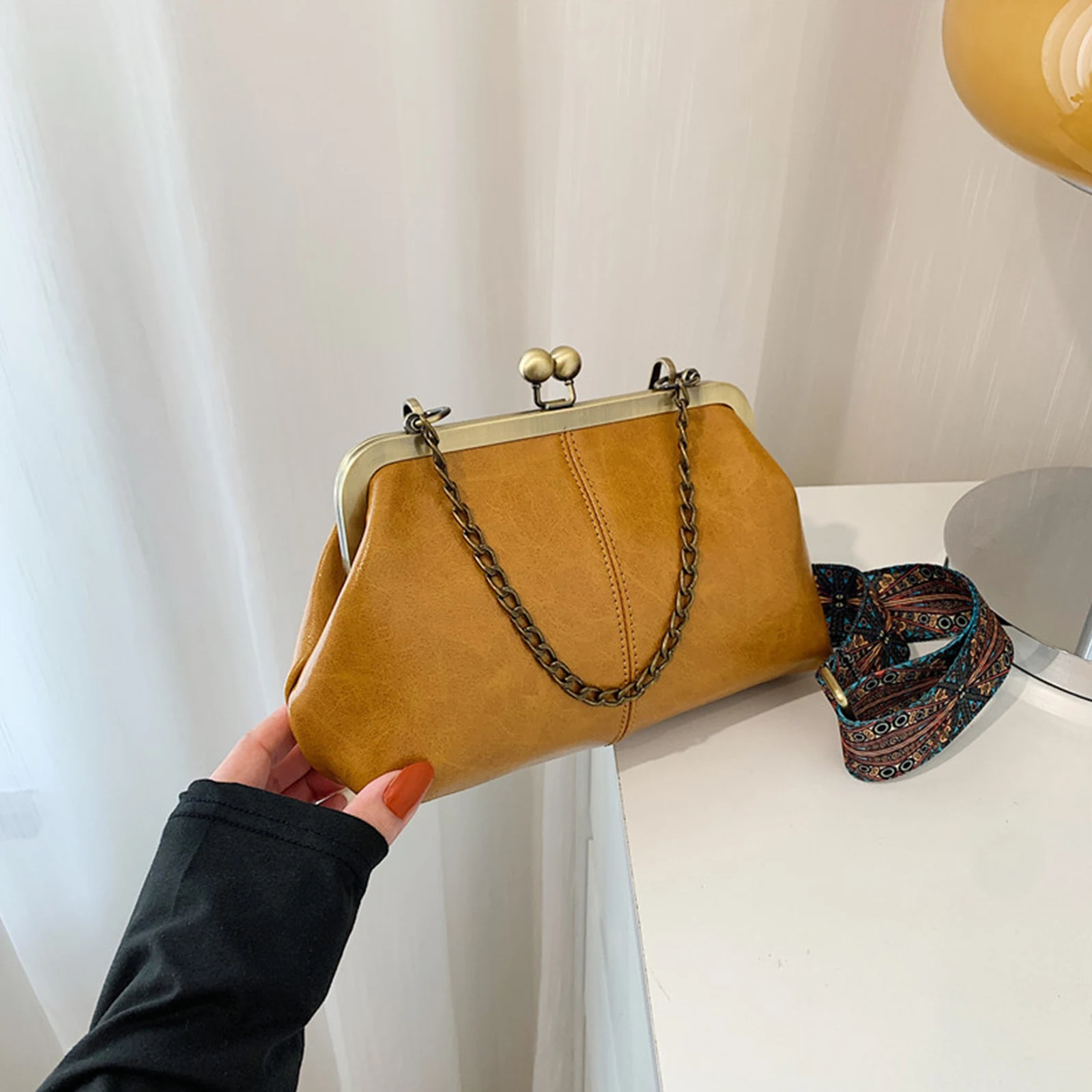 Women Vintage Crossbody Bag PU Leather Handbag Kiss Lock Shoulder Bag Crossbody Purse for Gift