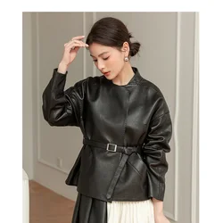 Women Clothing Elegant Female Genuine Leather Coat Round Neck Pleated Belt Jackets Streetwear Black Office Lady