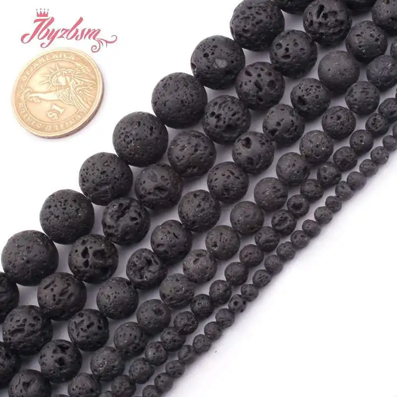 Natural Lava Rock Round Black Loose Beads Natural Stone Beads For DIY Necklace Bracelat Jewelry Making Strand 15
