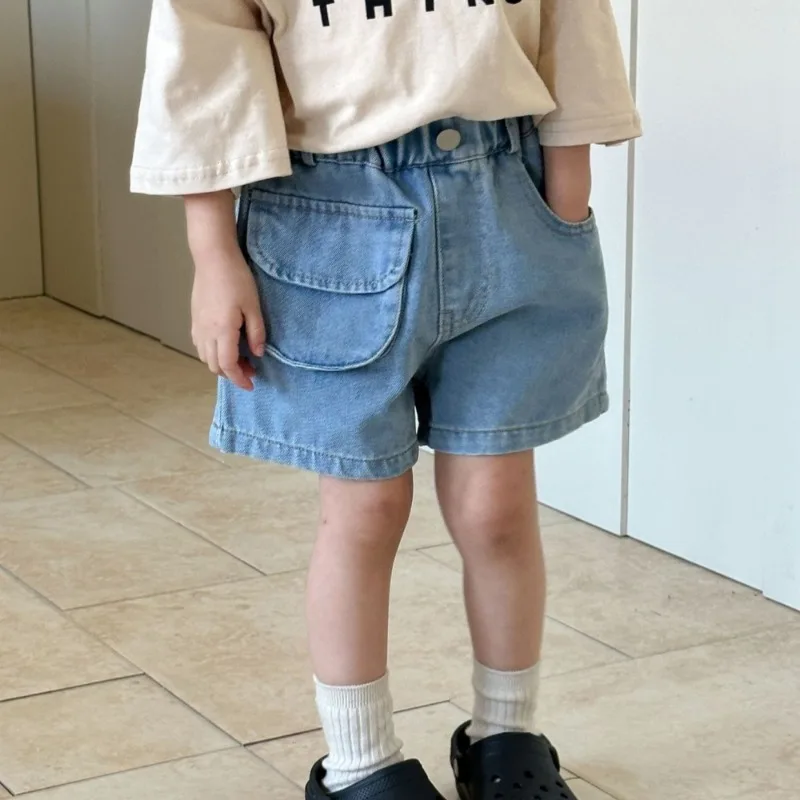 Kid's Summer Denim Shorts Girls' Solid Color Pocket Shorts Simple Style Boys' Loose Casual Knee-length Pants Children's Outwear