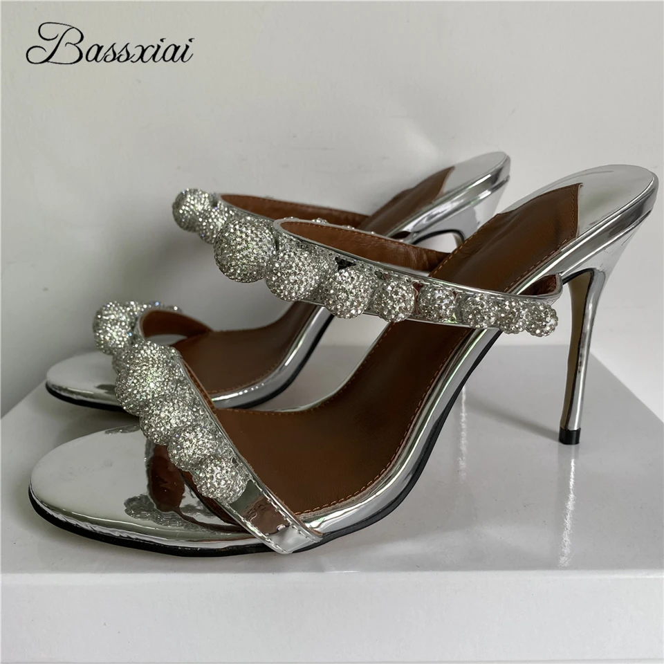

Jeweled Rhinestone Beads Narrow Bands Sandals Women 10cm Stiletto Heel Slingbacks Mules For Girls Summer