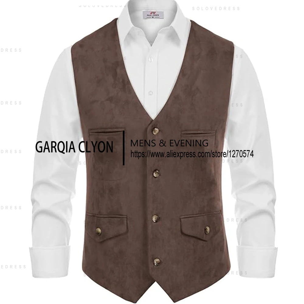 Classic Style V Neck Suede Vintage  Casual Western Cowboy Vest Single Breasted With Pockets Men's Waistcoat 5