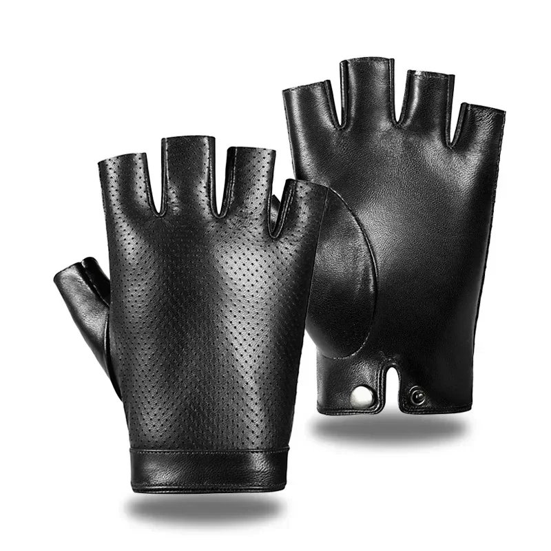 Fingerless Gloves Mens Sheepskin Half Finger Driving for Fitness Breathable Leather Sports Motorcycle