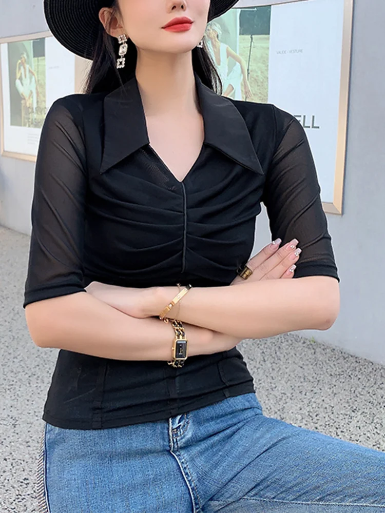 

Winsleter Streetwear Shirt Half Sleeve Blouses Women Sexy Irregular Turn Down Collar Slim Mesh Pullover Tops Fall T38340JM