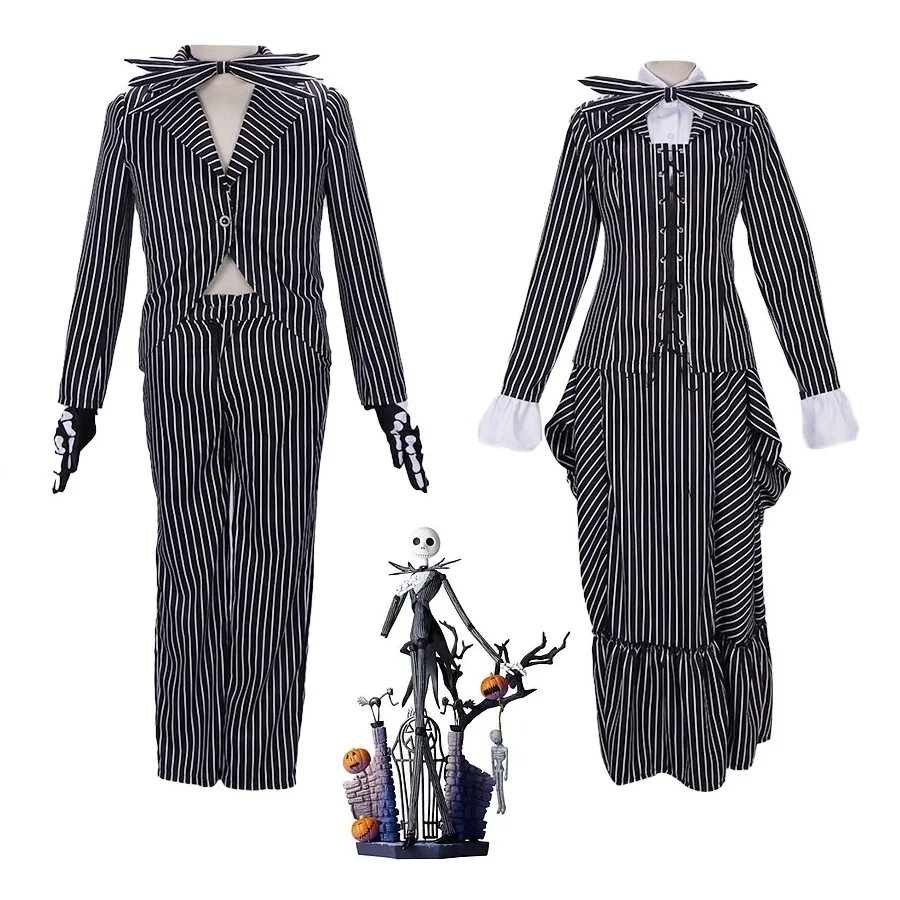 

Movie The Nightmare Cosplay Before Christmas Costume Halloween Uniform Suit Sally Dress Jack Skellington Striped Top Pant Outfit