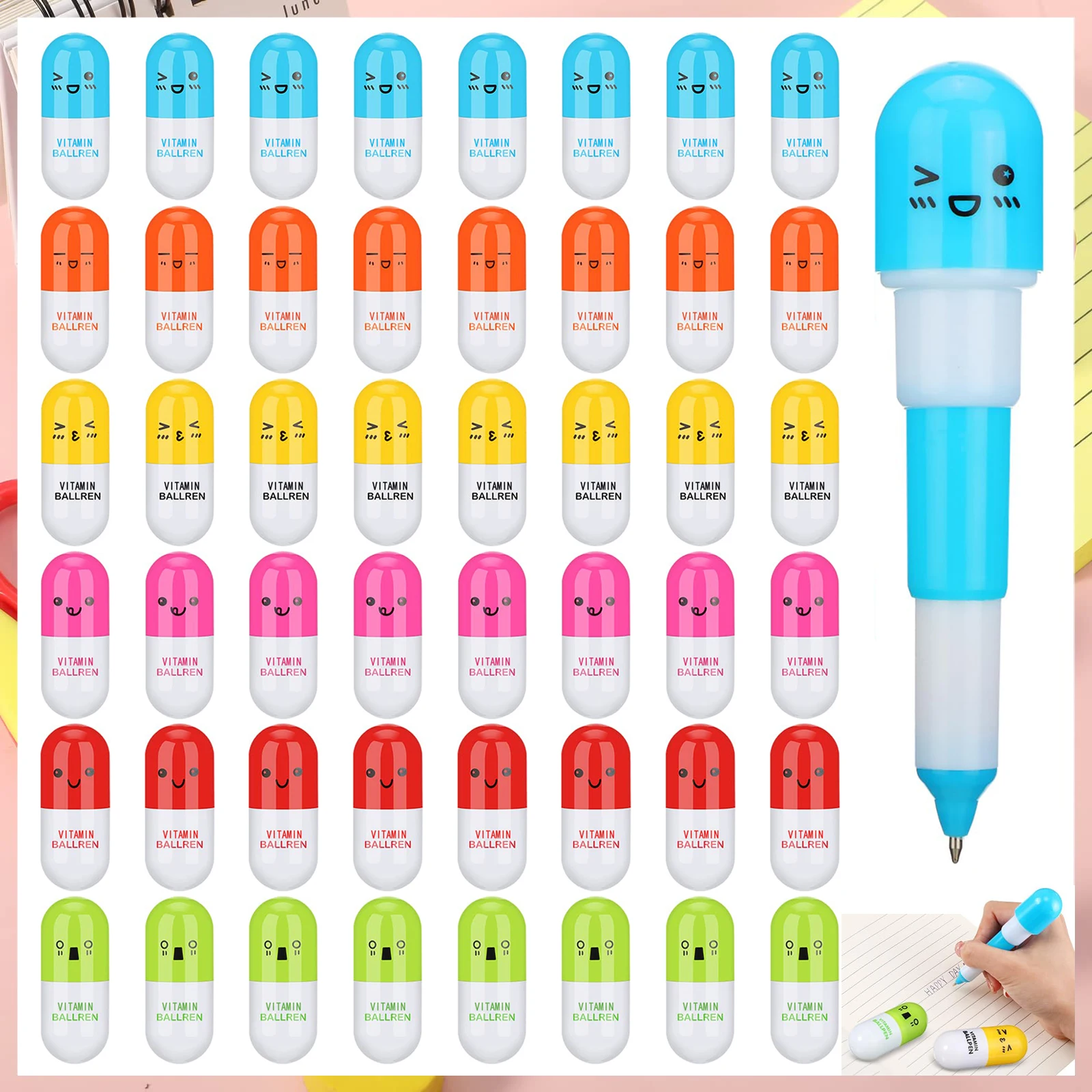 

48Pcs Cute Smiling Face Pill Ball Point Pen Stationery Telescopic Vitamin Capsule Ballpen For School Use