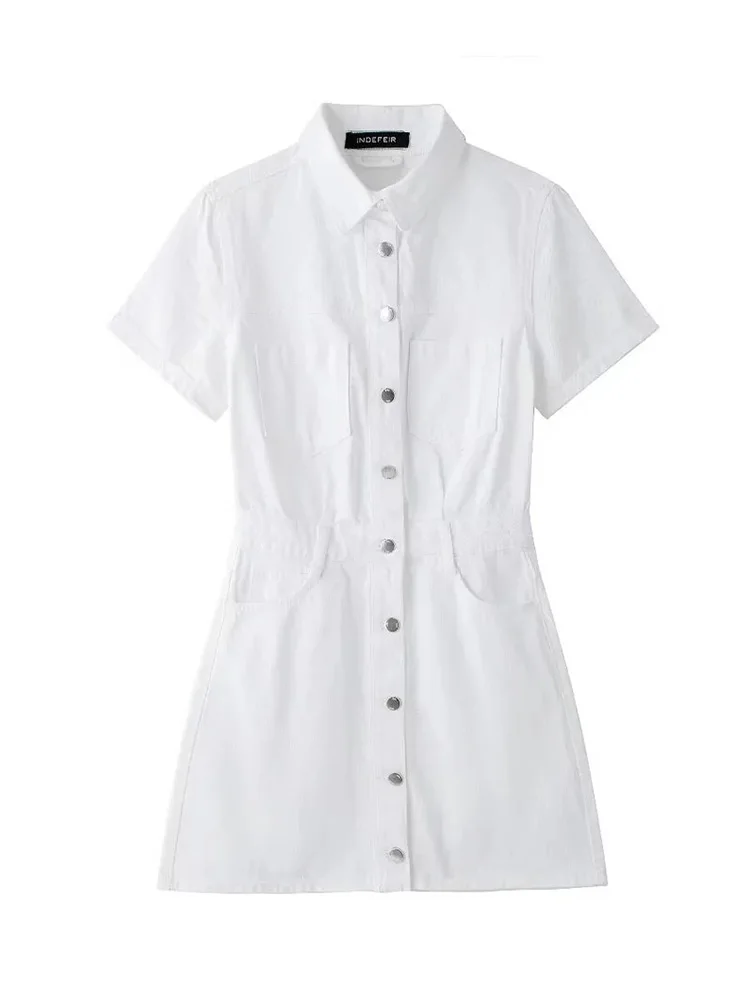 

Платье мини женское джинсовое с отворотом, коротким рукавом, однобортное