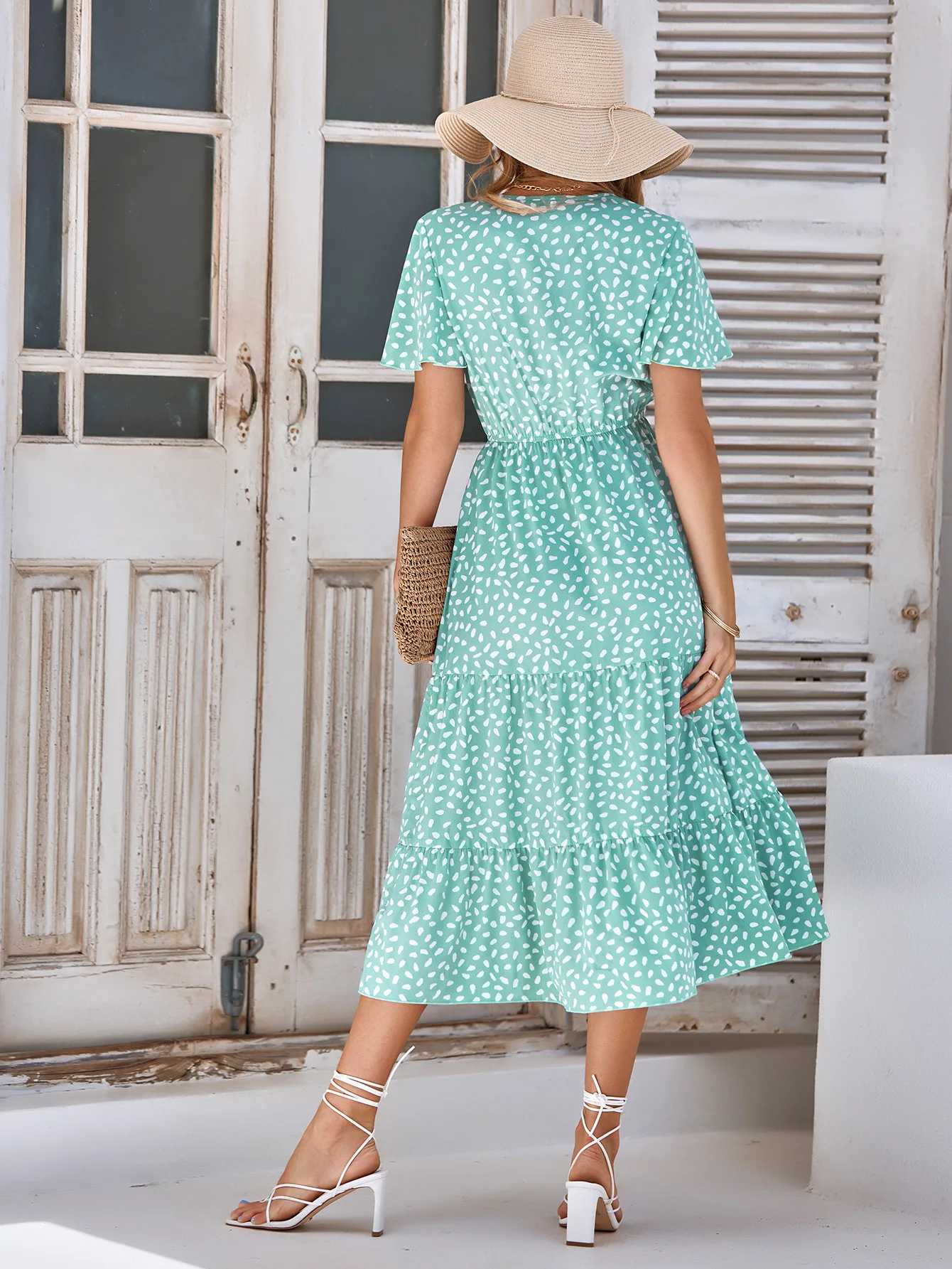 High Neck Leopard Print Blouson Midi Dress
