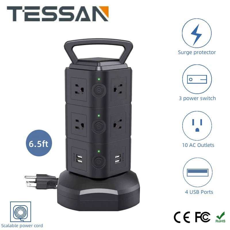 

Удлинитель TESSAN с 10 розетками переменного тока, 4 USB-портами, 3 независимых переключателя и выдвижным кабелем 6,5 футов для дома