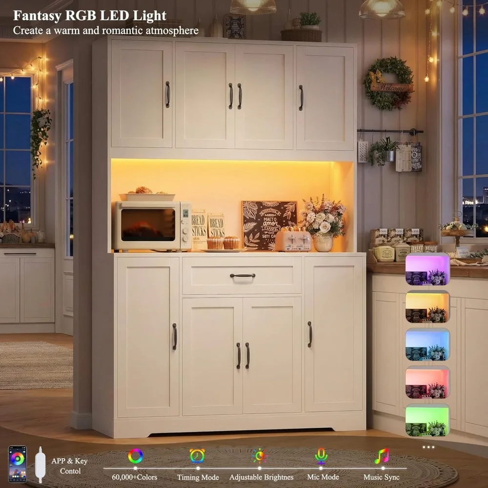 70" LED Kitchen Pantry Cabinet with Charging Station, 47" Wide Pantry Storage Cabinet with Large Microwave Stand, Customized 4