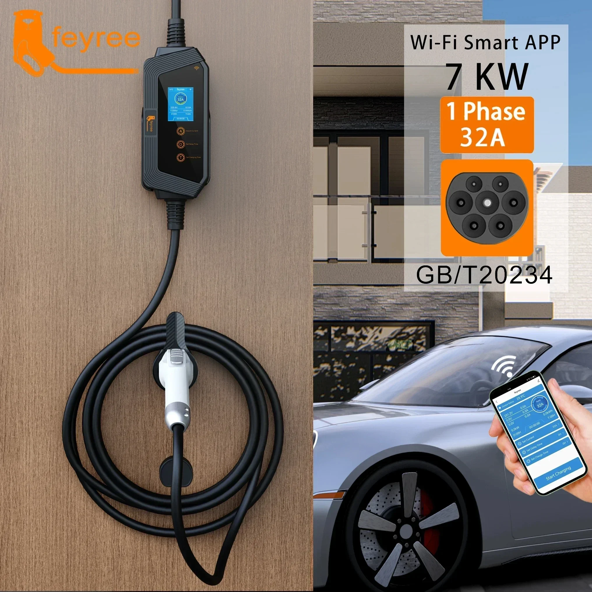 7KW 32A Adjustable EV Charger GBT Plug APP Bluetooth Version Set Charging Time for Electric Vehicle ev charger