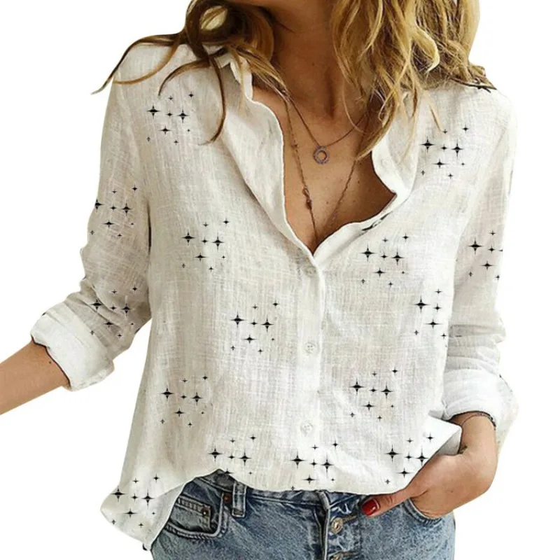 

Elegant Cotton Linen Shirts Women Casual printing Button Lapel Blouses Shirts Spring Summer Long Sleeve Loose Tops Tunic Blusas