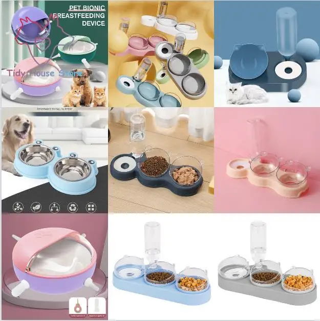 

Pet Cat Bowl Automatic Feeder 3-in-1 Dog Cat Food Bowl With Water Fountain Double Bowl Drinking Raised Stand Dish Bowls For Cats