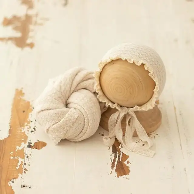 Newborn Photography Props Baby Wraps Hats Set Stretch Soft Houndstooth Wrap Cap Infant Photo Backdrop Shoot Studio Accessories 4
