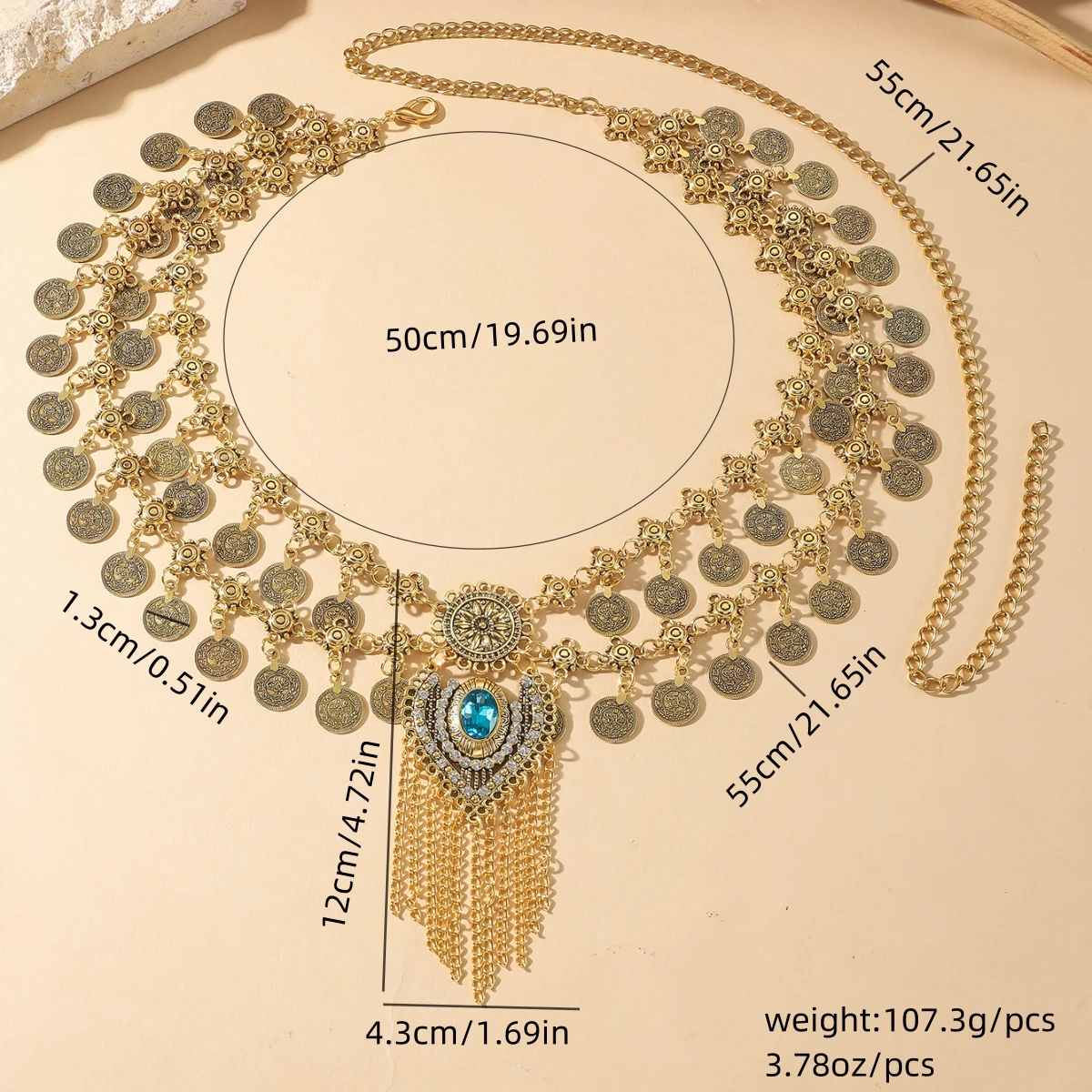 Exaggerated Retro Blue Rhinestone Tassel Metal Waist Chain for Women Luxury Double Layered Craved Coin Belt Chains Body Jewelry