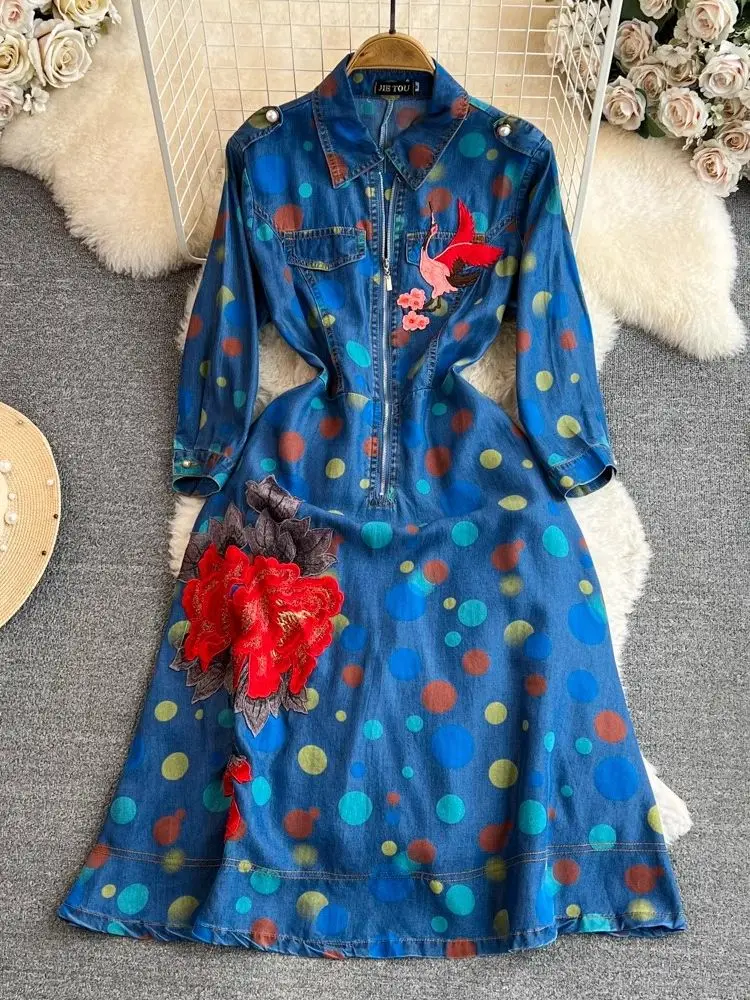 Autumn Colorful Polka Dot Denim Dress Woman's Three Quarter Sleeve Flower  Bird Embroidery Jean Zipper A Line Party Vestidos - AliExpress