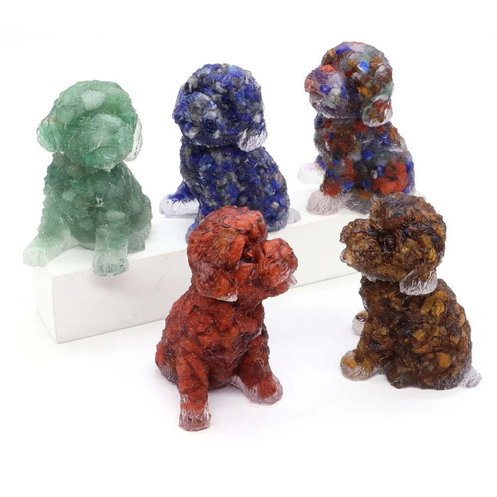 

Teddy Dog Statue Natural Stone Crystal Gravel Mould Resin Gem Carved Healing Animal Figurine Home Decoration Holiday Gifts 2.5"