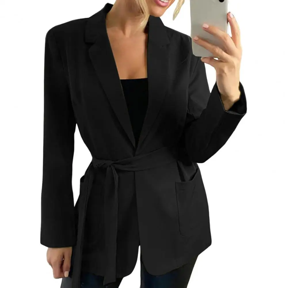 

High Waist Lapel Fall Coat Pockets Fall Business Pure Color Women Blazer