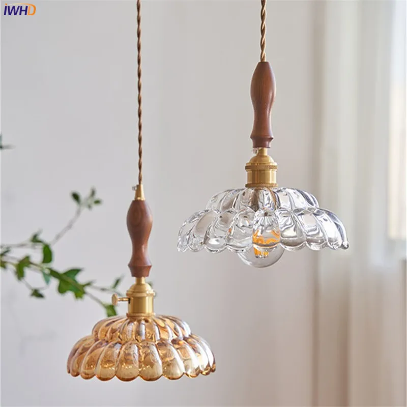 

IWHD Hanglamp Wooden Handle Copper LED Pendant Light Fixtures Glass Lampshade Home Decor Indoor Lighting Vintage Hanging Lamp