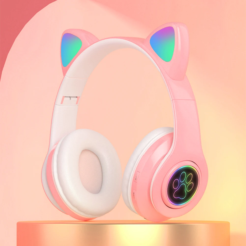 Flash Light Cute Cat Ear Headphones Wireless with Mic Can Close LED Kids Girls Stereo Phone Music Bluetooth Headset Gamer Gift