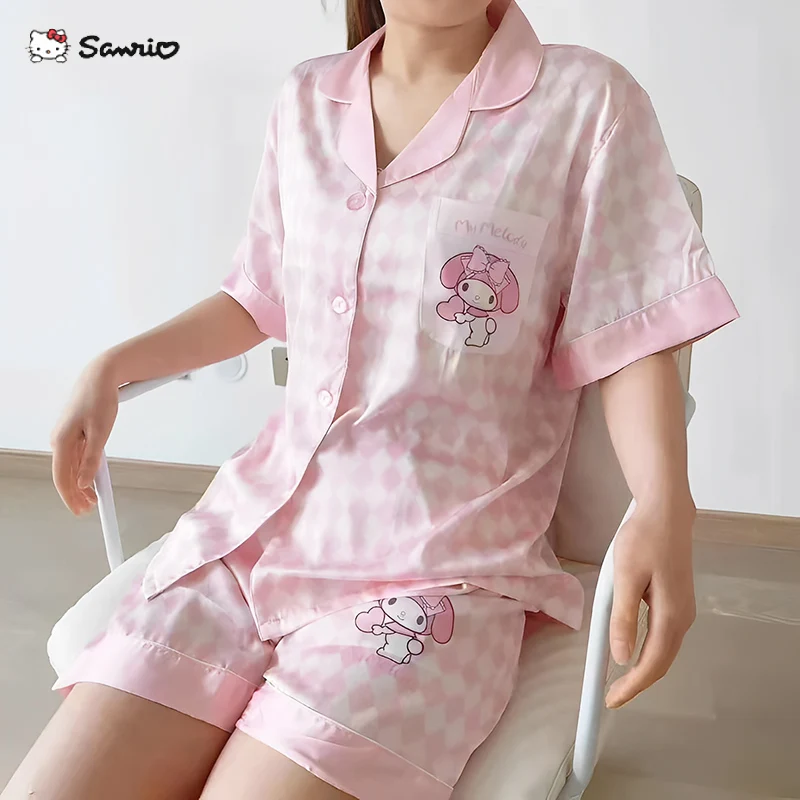 

Sanrio Kuromi Women Pajamas Summer Kawaii Cinnamoroll Cartoon Anime Fashion Casual Ice Snow Silk Home Wear Two Piece Set Gift