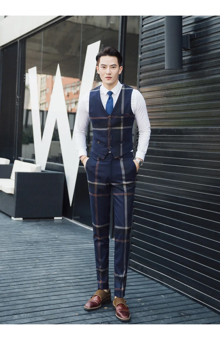 Men 3 Piece Suit Set British Style Plaid Blue Gray Wedding Dress Banquet Business Formal Fashion Male Suits (Blazer+ Vest +Pant)