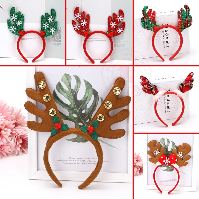 NEW Christmas Antler Hair Hoop Printed Plaid Red Bowknot Glass Filament Christmas Decorations With Wing Head Band
