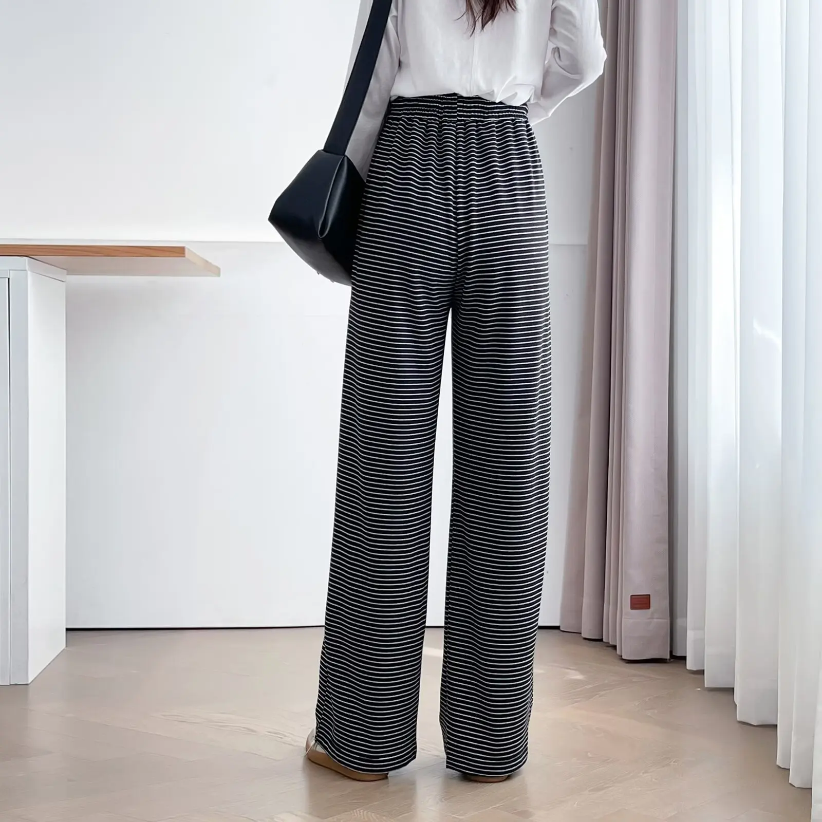 Plus Size Women's Straight Leg Pants New Simple Drawstring Hight Waisted Striped Trousers Autumn 2025
