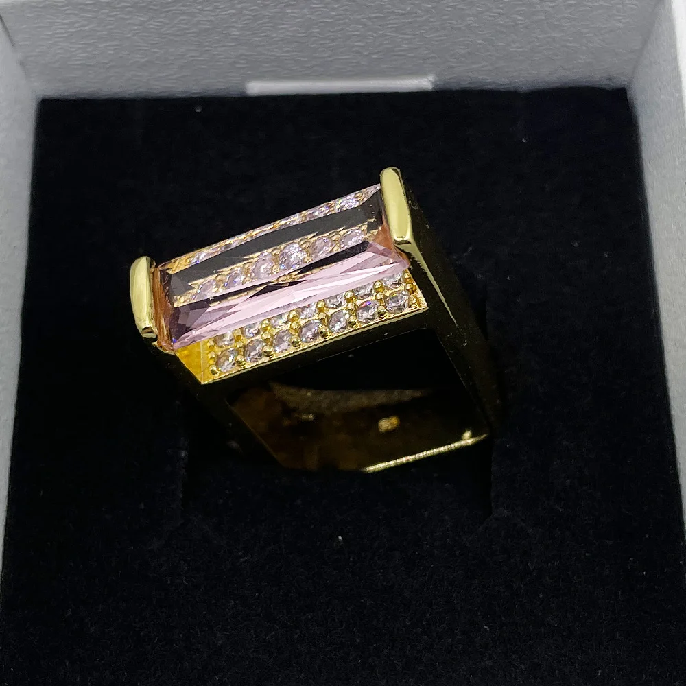 14K Gold Inlaid Pink Geometric Rectangular Ring Women's Wedding Gift Pink Gem Party Ring wedding rings gold rings gemstone ring