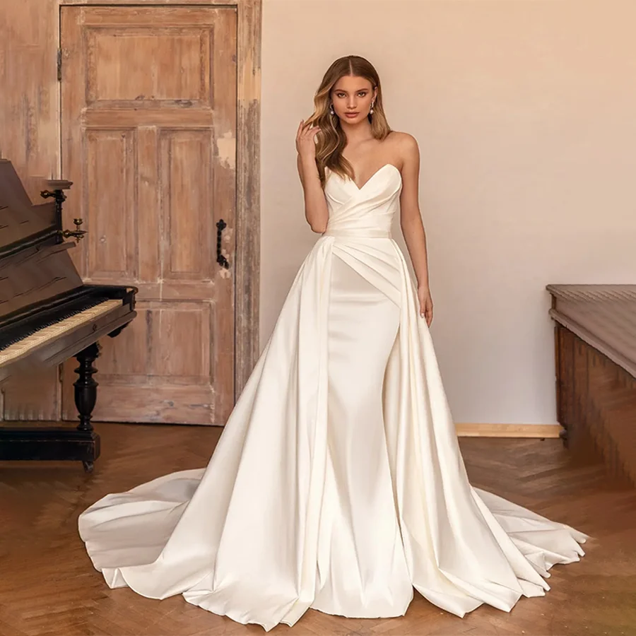 Sweetheart Mermaid Satin Wedding Dress Detachable Skirt Backless And Lace Up