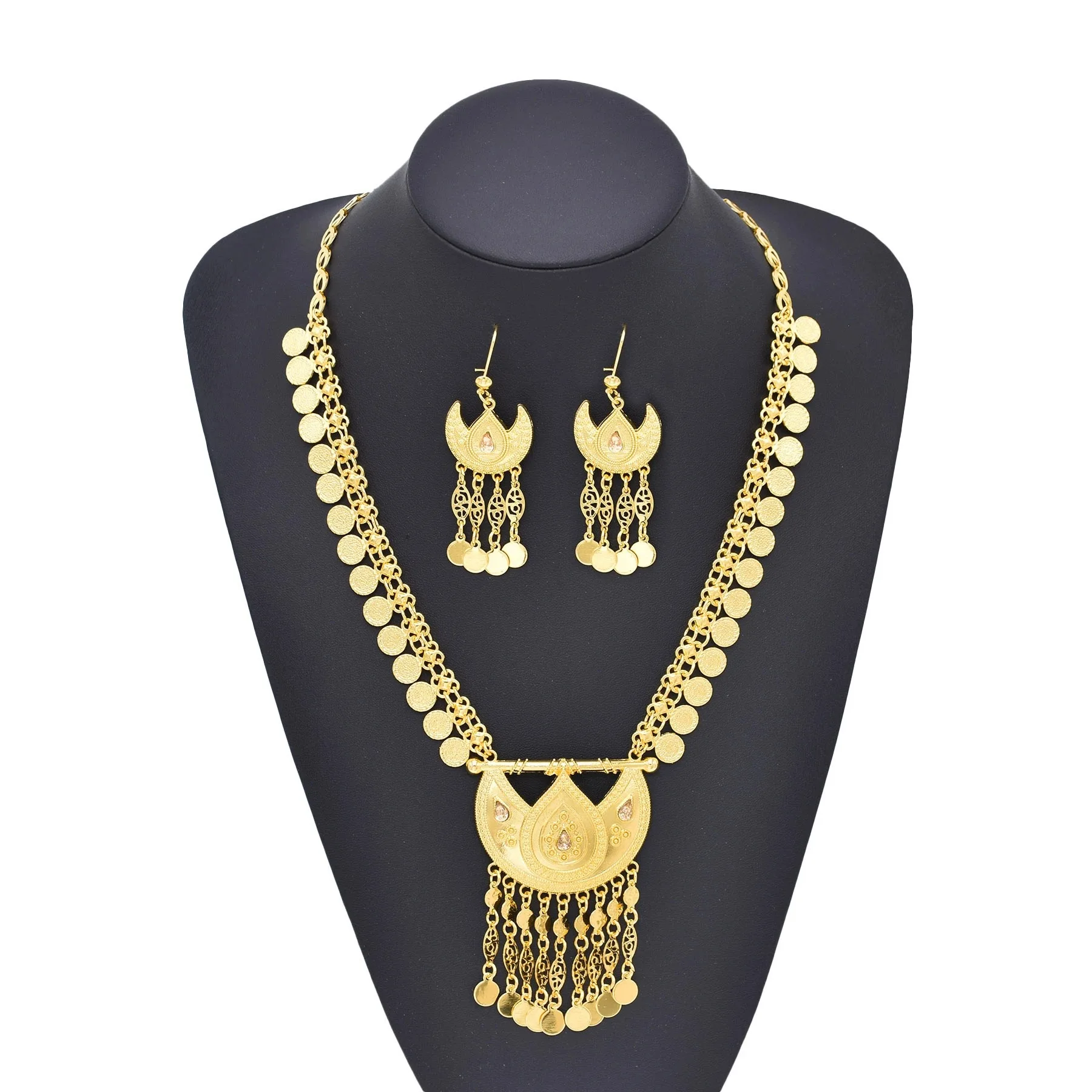 Vintage Gold Coin Long Tassel Necklace Earrings Set for Women Afghan Kurdish Ethnic Tribe Statement Moon Pendant Jewelry Gift